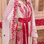 Elegant White Bridal Tatreez Thoab with Shawl